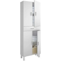 Armadio Multiuso, Mobile Per Bagno O Lavanderia A 4 Ante E 1 Cassetto, Armadio Multiuso Portascarpe, Cm 60x29h182, Bianco Lucido -Villeroyit Negozio 58337197 5