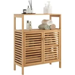 COSTWAY Mobile Da Bagno In Bambù, Armadietto Da Bagno Con Ripiano Aperto E Doppie Porte, Ripiano Rimovibile, Per Bagno, Soggiorno, Cucina, Ingresso, 64 X 27,5 X 80 Cm