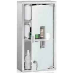 Armadietto Armadio Porta Medicinali Acciaio Inox Vetro Satinato 65,5x36x17 Cm