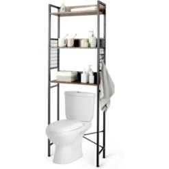 Villeroyit Negozio 18 COSTWAY Scaffale Di Stoccaggio Per WC, Scaffale Salvaspazio A 3 Livelli Con 3 Ganci, Scaffale Multifunzionale Bagno Cucina Balcone, 60x24x172 Cm
