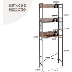 COSTWAY Scaffale Di Stoccaggio Per WC, Scaffale Salvaspazio A 3 Livelli Con 3 Ganci, Scaffale Multifunzionale Bagno Cucina Balcone, 60x24x172 Cm -Villeroyit Negozio 68605736 5