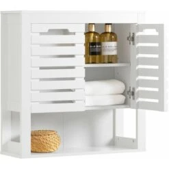 Pensile Con Due Ante A Lamelle, Armadietto Pensile Da Bagno, Mobile Da Parete Per Il Cucina, Bianco, 58x20x60cm, BZR51-W SoBuy