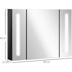 Kleankin Armadietto Con Specchio Da Bagno A Parete In MDF Con 3 Armadietti, 3 Ripiani E Luce LED, 90x15x65 Cm, Nero -Villeroyit Negozio 70299152 3