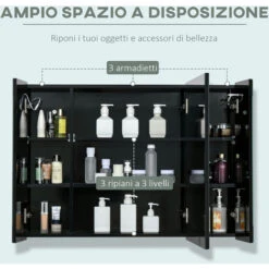 Kleankin Armadietto Con Specchio Da Bagno A Parete In MDF Con 3 Armadietti, 3 Ripiani E Luce LED, 90x15x65 Cm, Nero -Villeroyit Negozio 70299152 4