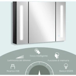 Kleankin Armadietto Con Specchio Da Bagno A Parete In MDF Con 3 Armadietti, 3 Ripiani E Luce LED, 90x15x65 Cm, Nero -Villeroyit Negozio 70299152 5