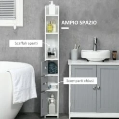 Kleankin Colonna Bagno Con Mensole E Armadietti, Mobile Alto Salvaspazio In Legno 15x17x120cm, Bianco E Grigio -Villeroyit Negozio 70326014 4