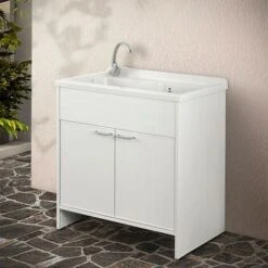 Mobile Lavatoio Esterno 80x50 Bianco Con Vasca In Resina