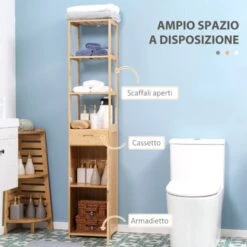 Kleankin Mobile Bagno Alto In Bambù Con 3 Ripiani Aperti, Un Cassetto E Un Armadietto, 32x30x163 Cm, Color Legno -Villeroyit Negozio 76993467 4
