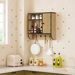 WOLTU Mobile Da Bagno Sospeso. Pensile Con 4 Ganci. Armadietto Da Bagno Da Parete. Organizzatore Armadio Salvaspazio. 58x15x52cm. Rovere Chiaro+Nero -Villeroyit Negozio 81905376 3