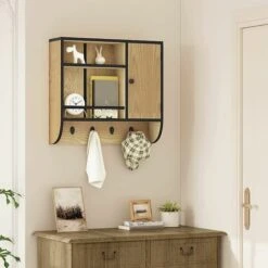 WOLTU Mobile Da Bagno Sospeso. Pensile Con 4 Ganci. Armadietto Da Bagno Da Parete. Organizzatore Armadio Salvaspazio. 58x15x52cm. Rovere Chiaro+Nero -Villeroyit Negozio 81905376 4