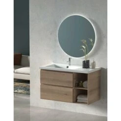 Set Da Bagno Zeus - 7 Colori Diversi 90 Cm - Con Mobili, Specchio Rotondo Retroilluminato E Lavabo Con Seno Spostato A Sinistra Steppa