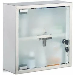 Relaxdays Armadietto Porta Medicinali In Acciaio, Quadrato, Anta In Vetro, 2 Ripiani, Con Serratura, Superficie Lucida, 70% Inox 30%, Argento, HxLxP: 30 X 30 X 12 Cm