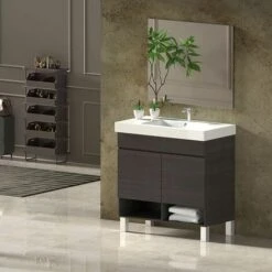 Set Da Bagno NEBARI Con Gambe - 7 Colori Diversi - 15 Misure - 2 Ante O Un Cassetto A Scelta - Include Mobile, Lavabo E Specchio Rovere Sinatra 100x40Cm