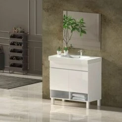 Set Da Bagno NEBARI Con Gambe - 7 Colori Diversi - 15 Misure - 2 Ante O Un Cassetto A Scelta - Include Mobile, Lavabo E Specchio Bianco Lucido 60x50Cm Con Cassetto