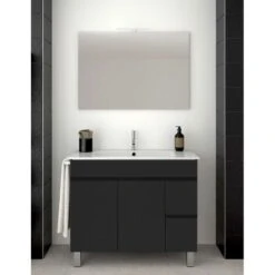 Set Da Bagno Isquia 2 Cassetti E Due Ante - 7 Colori Diversi - 15 Misure - Include Mobile, Lavabo E Specchio - Grafite 80x40Cm Lavandino In Solid Surface