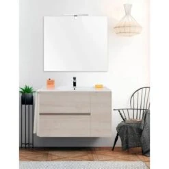 Set Da Bagno Sospeso Itaca - 2 Cassetti E Una Porta - 7 Colori Diversi - 15 Misure - Include Mobile, Lavabo E Specchio - Crema 100x40Cm