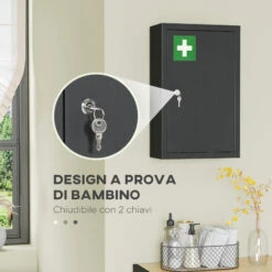 Kleankin Armadietto Medicinali Con 3 Ripiani E Blocco Con Chiavi, Mobiletto Per Farmaci In Acciaio, 30x14x46cm, Nero -Villeroyit Negozio 87891942 4