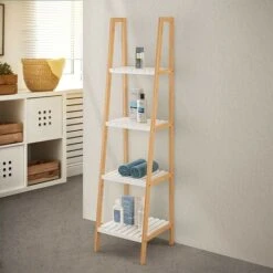 Scaffale Per Bagno A Scala In Legno Bamboo Bianco 4 Ripiani Tahiti