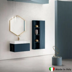 Mobile Bagno COMPAB Da 86 Cm - Made In Italy - Color Mirtillo - Effetto Millerighe Lavabo Consolle In Mineralguss