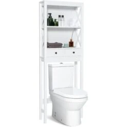COSTWAY Mobile Sopra WC, Mobile Da Bagno Salvaspazio Con 2 Ripiani Aperti E Cassetto, Per Bagno Lavanderia, 60x20x165,5 Cm, Bianco