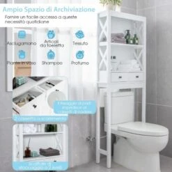 COSTWAY Mobile Sopra WC, Mobile Da Bagno Salvaspazio Con 2 Ripiani Aperti E Cassetto, Per Bagno Lavanderia, 60x20x165,5 Cm, Bianco -Villeroyit Negozio 88143726 3