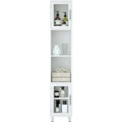 COSTWAY Mobile Da Bagno Alto, Armadio Da Terra Con 2 Ripiani Aperti E 1 Ripiano Regolabile, Ante In Vetro Temprato, Armadio Multifunzionale Per Bagno Soggiorno Cucina, 33x30x180cm