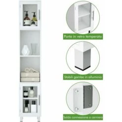 COSTWAY Mobile Da Bagno Alto, Armadio Da Terra Con 2 Ripiani Aperti E 1 Ripiano Regolabile, Ante In Vetro Temprato, Armadio Multifunzionale Per Bagno Soggiorno Cucina, 33x30x180cm -Villeroyit Negozio 89368646 3