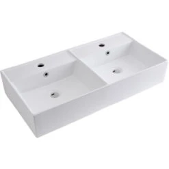 Hudson Reed Halwell Lavabo D'Appoggio Rettangolare Doppio Per Bagni - Lavandino Bagno Con Design Moderno - Ceramica Bianca - 2 X Fori Per La Rubinetteria - 820 X 420 X 150 Mm