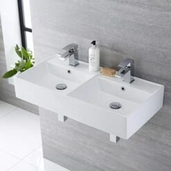 Hudson Reed Halwell Lavabo D'Appoggio Rettangolare Doppio Per Bagni - Lavandino Bagno Con Design Moderno - Ceramica Bianca - 2 X Fori Per La Rubinetteria - 820 X 420 X 150 Mm -Villeroyit Negozio 8942797 3
