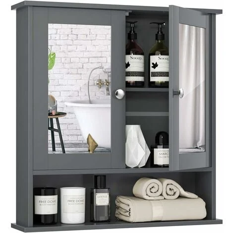 COSTWAY Armadietto Da Bagno Con Specchio, Armadietto Da Parete Con Ripiano Regolabile, Mobile Da Parete Per Bagno, 56 X 12,5 X 58 Cm (Grigio) 3 COSTWAY Armadietto Da Bagno Con Specchio, Armadietto Da Parete Con Ripiano Regolabile, Mobile Da Parete Per Bagno, 56 X 12,5 X 58 Cm (Grigio)