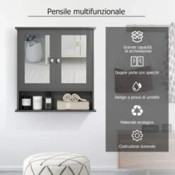 COSTWAY Armadietto Da Bagno Con Specchio, Armadietto Da Parete Con Ripiano Regolabile, Mobile Da Parete Per Bagno, 56 X 12,5 X 58 Cm (Grigio) 8 COSTWAY Armadietto Da Bagno Con Specchio, Armadietto Da Parete Con Ripiano Regolabile, Mobile Da Parete Per Bagno, 56 X 12,5 X 58 Cm (Grigio) -Villeroyit Negozio 90451699 2