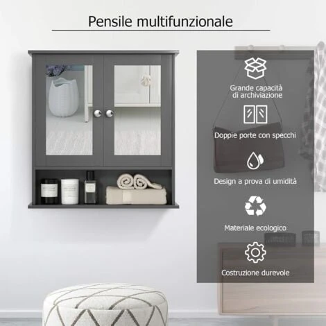 COSTWAY Armadietto Da Bagno Con Specchio, Armadietto Da Parete Con Ripiano Regolabile, Mobile Da Parete Per Bagno, 56 X 12,5 X 58 Cm (Grigio) 4 COSTWAY Armadietto Da Bagno Con Specchio, Armadietto Da Parete Con Ripiano Regolabile, Mobile Da Parete Per Bagno, 56 X 12,5 X 58 Cm (Grigio) - immagine 2