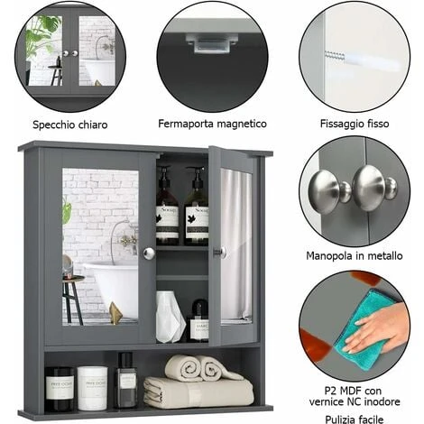 COSTWAY Armadietto Da Bagno Con Specchio, Armadietto Da Parete Con Ripiano Regolabile, Mobile Da Parete Per Bagno, 56 X 12,5 X 58 Cm (Grigio) 5 COSTWAY Armadietto Da Bagno Con Specchio, Armadietto Da Parete Con Ripiano Regolabile, Mobile Da Parete Per Bagno, 56 X 12,5 X 58 Cm (Grigio) - immagine 3