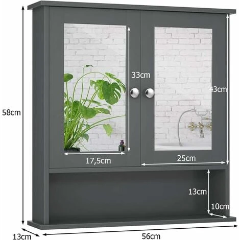 COSTWAY Armadietto Da Bagno Con Specchio, Armadietto Da Parete Con Ripiano Regolabile, Mobile Da Parete Per Bagno, 56 X 12,5 X 58 Cm (Grigio) 7 COSTWAY Armadietto Da Bagno Con Specchio, Armadietto Da Parete Con Ripiano Regolabile, Mobile Da Parete Per Bagno, 56 X 12,5 X 58 Cm (Grigio) - immagine 5
