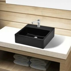 VIDAXL Lavandino Bagno In Ceramica Nera Quadrato Con Foro Per Rubinetto