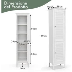 COSTWAY Armadio Da Terra Alto, Armadietto Da Bagno Stretto Con 2 Porte A Scomparsa E 5 Ripiani, Armadio Multifunzionale Con Ripiano Regolabile Per Bagno Soggiorno Camera Da Letto, 38x33x160 Cm -Villeroyit Negozio 92059562 5