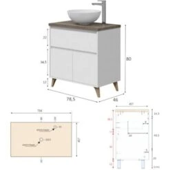Dmora Mobile Sottolavabo Berkeley, Mobiletto Per Bagno A 2 Ante E 1 Cassetto, Armadietto Da Terra, Lavabo Non Incluso, Cm 78,5x46h80, Bianco Lucido E Olmo -Villeroyit Negozio 92786817 3