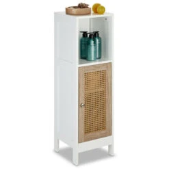 Relaxdays Mobile Da Bagno, 2 Ripiani Aperti, 2 Con Anta In Rattan, 96,5x30x30 Cm, Mobiletto Salvaspazio, Bianco Naturale